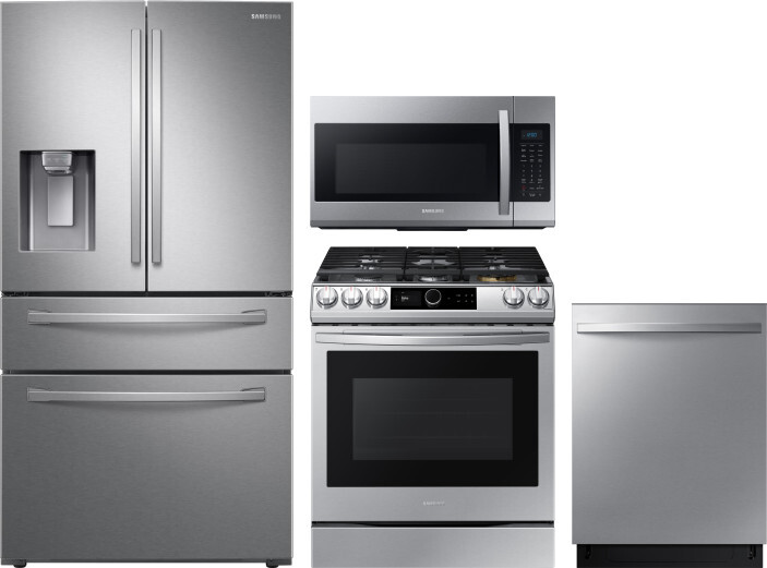 Samsung 4 Piece Kitchen Appliances Package with French Door Refrigerator, Gas Range, Dishwasher and Over the Range Microwave in Stainless Steel SARERA