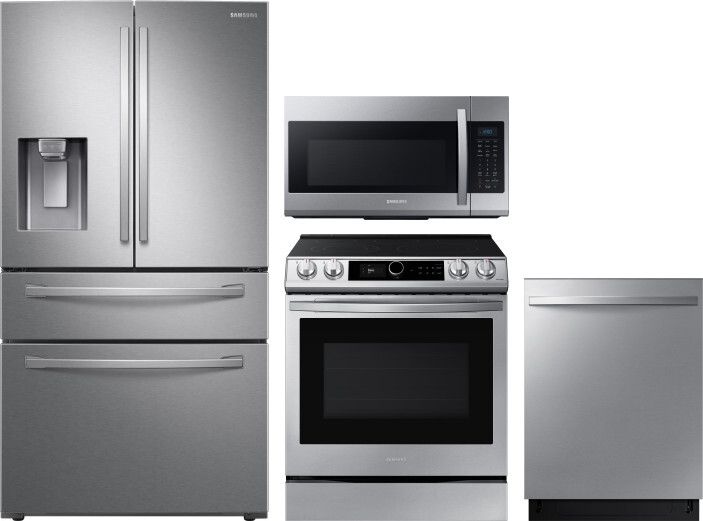 Samsung 4 Piece Kitchen Appliances Package with French Door Refrigerator, Electric Range, Dishwasher and Over the Range Microwave in Stainless Steel S