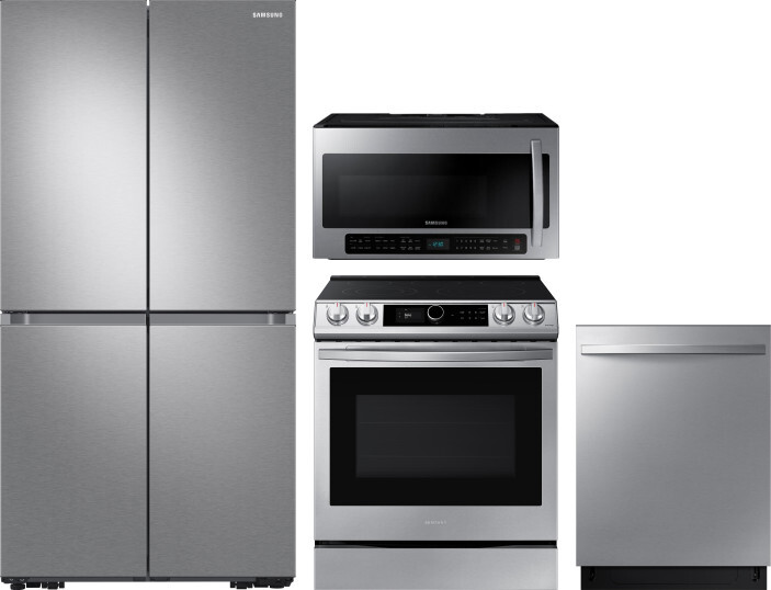 Samsung 4 Piece Kitchen Appliances Package with French Door Refrigerator, Electric Range, Dishwasher and Over the Range Microwave in Stainless Steel S