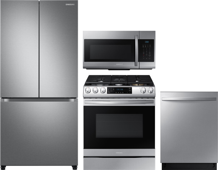 Samsung 4 Piece Kitchen Appliances Package with French Door Refrigerator, Gas Range, Dishwasher and Over the Range Microwave in Stainless Steel SARERA