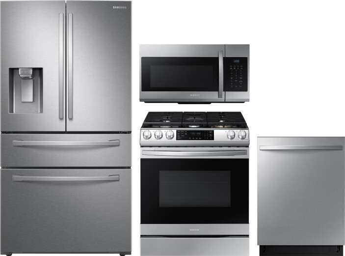Samsung 4 Piece Kitchen Appliances Package with French Door Refrigerator, Gas Range, Dishwasher and Over the Range Microwave in Stainless Steel SARERA