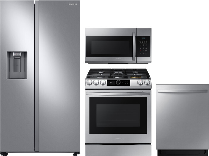 Samsung 4 Piece Kitchen Appliances Package with Side-by-Side Refrigerator, Gas Range, Dishwasher and Over the Range Microwave in Stainless Steel SARER
