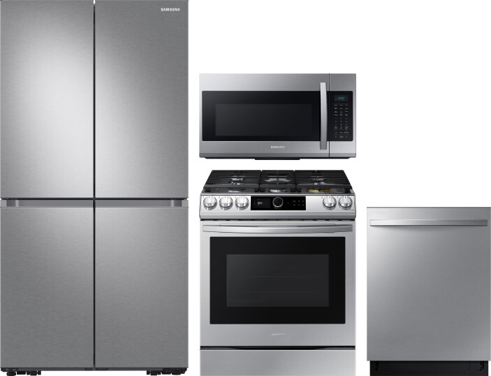 Samsung 4 Piece Kitchen Appliances Package with French Door Refrigerator, Gas Range, Dishwasher and Over the Range Microwave in Stainless Steel SARERA