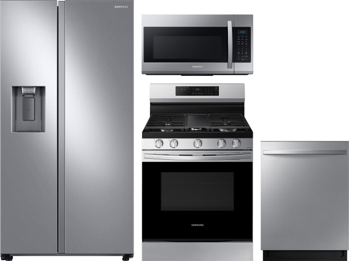 Samsung 4 Piece Kitchen Appliances Package with Side-by-Side Refrigerator, Gas Range, Dishwasher and Over the Range Microwave in Stainless Steel SARER