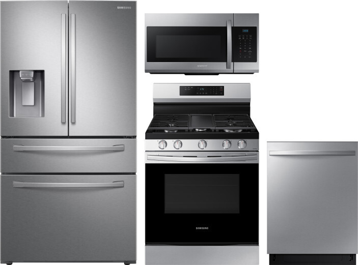 Samsung 4 Piece Kitchen Appliances Package with French Door Refrigerator, Gas Range, Dishwasher and Over the Range Microwave in Stainless Steel SARERA