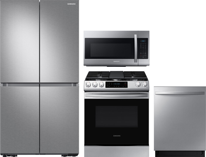 Samsung 4 Piece Kitchen Appliances Package with French Door Refrigerator, Gas Range, Dishwasher and Over the Range Microwave in Stainless Steel SARERA