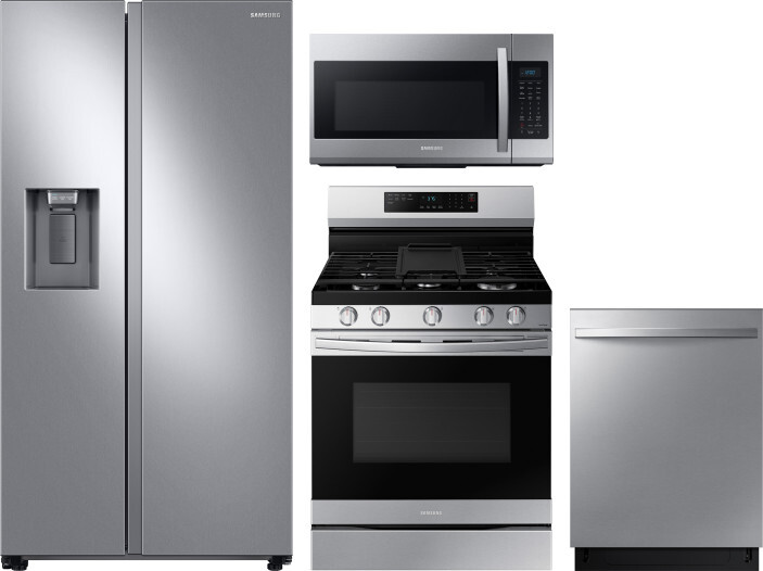 Samsung 4 Piece Kitchen Appliances Package with Side-by-Side Refrigerator, Gas Range, Dishwasher and Over the Range Microwave in Stainless Steel SARER