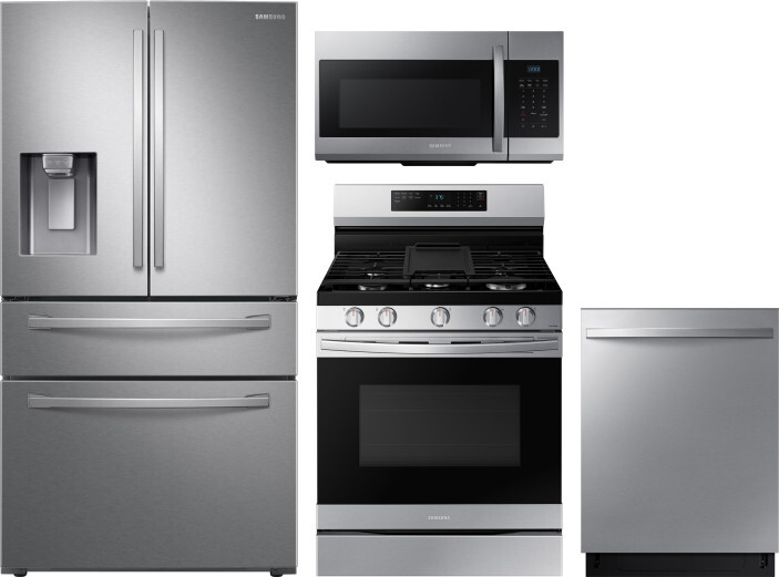 Samsung 4 Piece Kitchen Appliances Package with French Door Refrigerator, Gas Range, Dishwasher and Over the Range Microwave in Stainless Steel SARERA