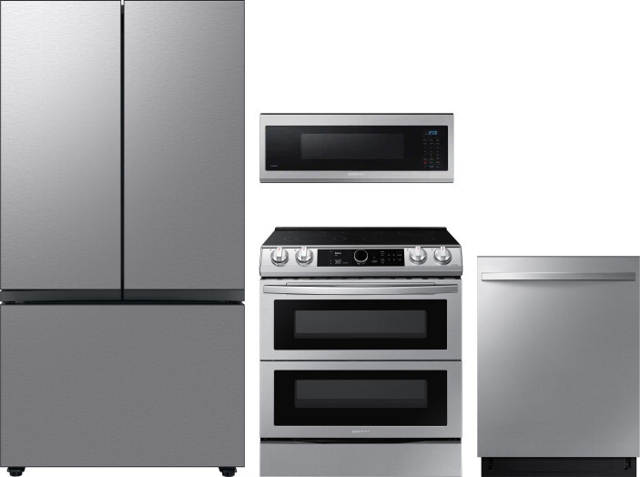 Samsung 4 Piece Kitchen Appliances Package with French Door Refrigerator, Electric Range, Dishwasher and Over the Range Microwave in Stainless Steel S