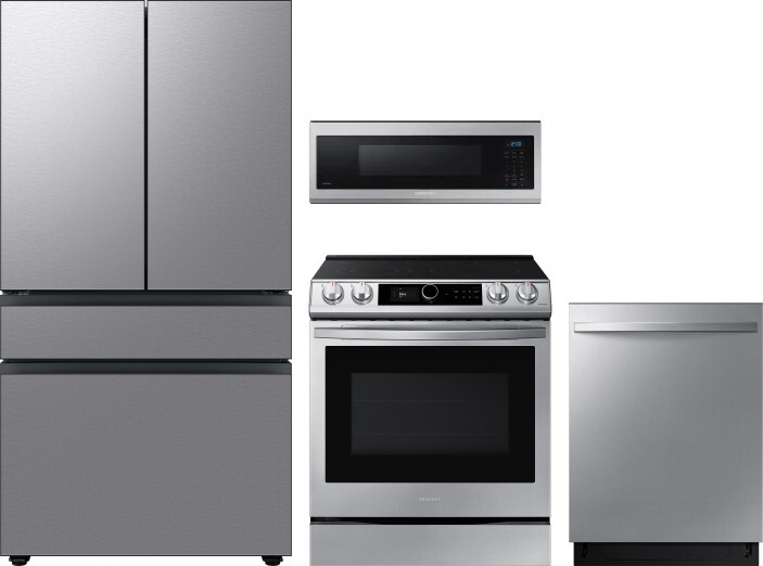 Samsung 4 Piece Kitchen Appliances Package with French Door Refrigerator, Electric Range, Dishwasher and Over the Range Microwave in Stainless Steel S