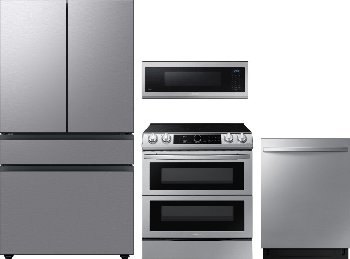 Samsung 4 Piece Kitchen Appliances Package with French Door Refrigerator, Electric Range, Dishwasher and Over the Range Microwave in Stainless Steel S