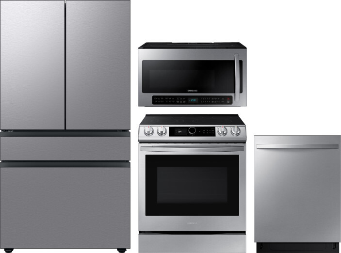 Samsung 4 Piece Kitchen Appliances Package with French Door Refrigerator, Electric Range, Dishwasher and Over the Range Microwave in Stainless Steel S