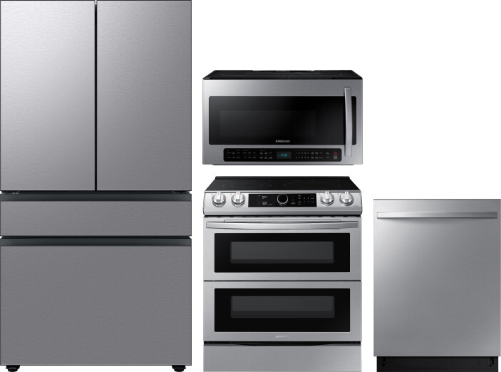 Samsung 4 Piece Kitchen Appliances Package with French Door Refrigerator, Electric Range, Dishwasher and Over the Range Microwave in Stainless Steel S