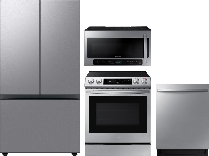 Samsung 4 Piece Kitchen Appliances Package with French Door Refrigerator, Electric Range, Dishwasher and Over the Range Microwave in Stainless Steel S