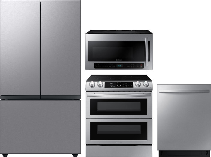 Samsung 4 Piece Kitchen Appliances Package with French Door Refrigerator, Electric Range, Dishwasher and Over the Range Microwave in Stainless Steel S