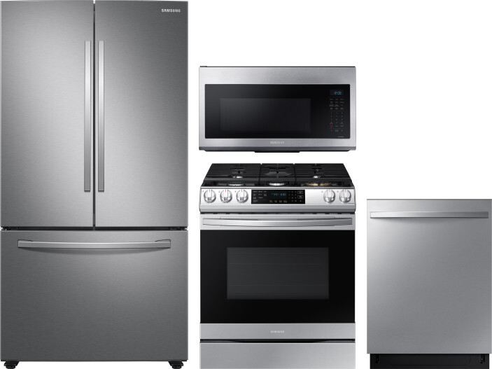 Samsung 4 Piece Kitchen Appliances Package with French Door Refrigerator, Gas Range, Dishwasher and Over the Range Microwave in Stainless Steel SARERA