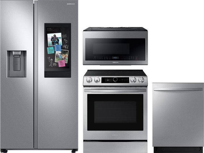 Samsung 4 Piece Kitchen Appliances Package with Side-by-Side Refrigerator, Electric Range, Dishwasher and Over the Range Microwave in Stainless Steel 