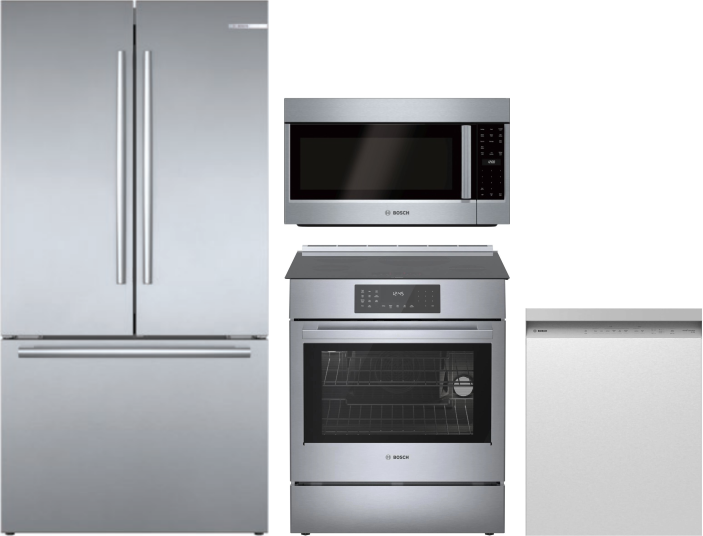 Bosch 4 Piece Kitchen Appliances Package with French Door Refrigerator, Induction Range, Dishwasher and Over the Range Microwave in Stainless Steel BO
