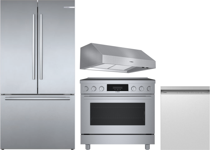 Bosch 4 Piece Kitchen Appliances Package with French Door Refrigerator, Induction Range and Dishwasher in Stainless Steel BORERADWRH803