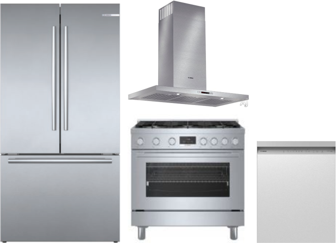 Bosch 4 Piece Kitchen Appliances Package with French Door Refrigerator, Dual Fuel Range and Dishwasher in Stainless Steel BORERADWRH804