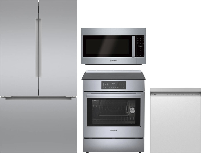 Bosch 4 Piece Kitchen Appliances Package with French Door Refrigerator, Induction Range, Dishwasher and Over the Range Microwave in Stainless Steel BO