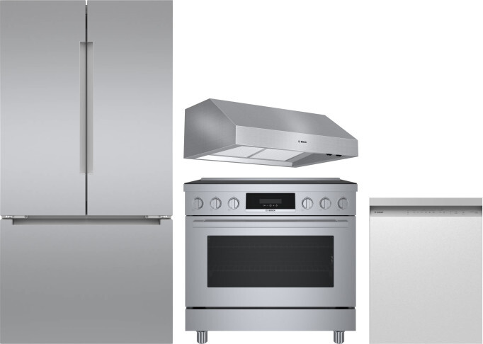 Bosch 4 Piece Kitchen Appliances Package with French Door Refrigerator, Induction Range and Dishwasher in Stainless Steel BORERADWRH805