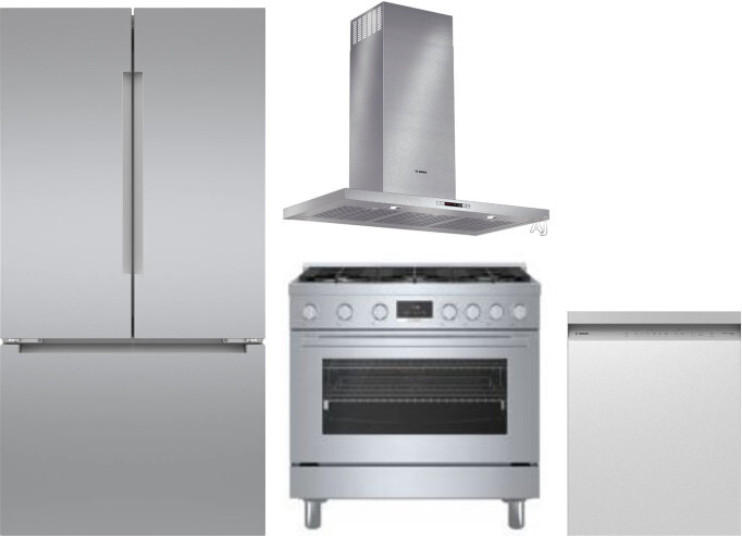 Bosch 4 Piece Kitchen Appliances Package with French Door Refrigerator, Dual Fuel Range and Dishwasher in Stainless Steel BORERADWRH806