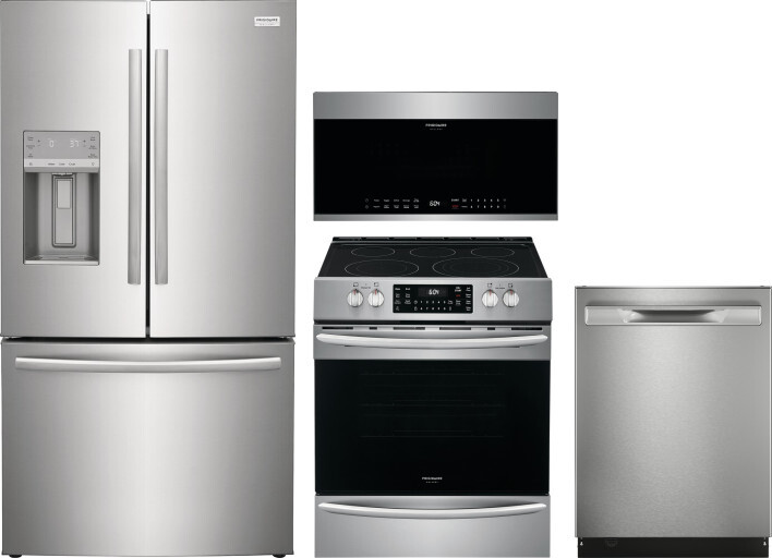 Frigidaire Gallery 4 Piece Kitchen Appliances Package with French Door Refrigerator, Electric Range, Dishwasher and Over the Range Microwave in Stainl