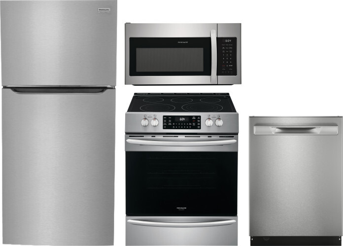 Frigidaire Gallery 4 Piece Kitchen Appliances Package with Top Freezer Refrigerator, Electric Range, Dishwasher and Over the Range Microwave in Stainl