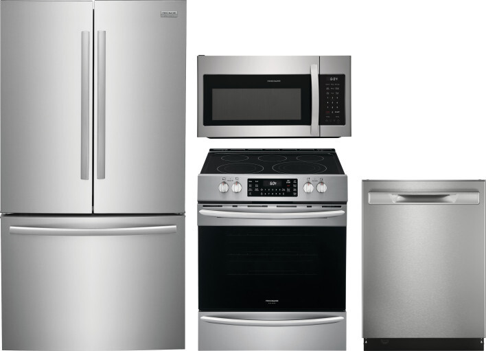 Frigidaire Gallery 4 Piece Kitchen Appliances Package with French Door Refrigerator, Electric Range, Dishwasher and Over the Range Microwave in Stainl