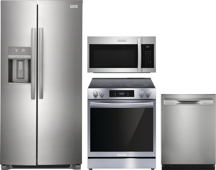 Frigidaire Gallery 4 Piece Kitchen Appliances Package with Side-by-Side Refrigerator, Electric Range, Dishwasher and Over the Range Microwave in Stain