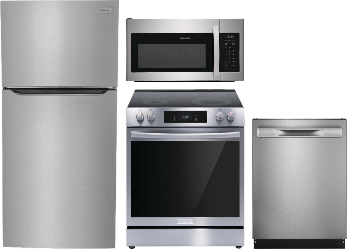 Frigidaire Gallery 4 Piece Kitchen Appliances Package with Top Freezer Refrigerator, Electric Range, Dishwasher and Over the Range Microwave in Stainl