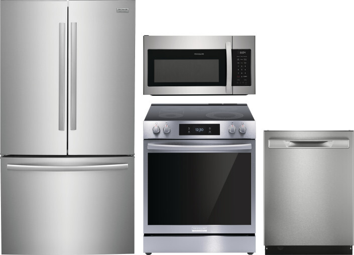 Frigidaire Gallery 4 Piece Kitchen Appliances Package with French Door Refrigerator, Electric Range, Dishwasher and Over the Range Microwave in Stainl