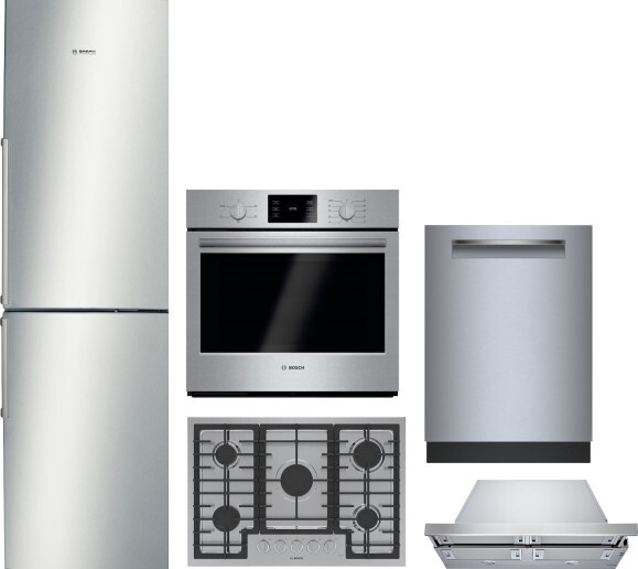 Bosch 500 5 Piece Kitchen Appliances Package with Bottom Freezer Refrigerator and Dishwasher in Stainless Steel BORECTWODWRH1046