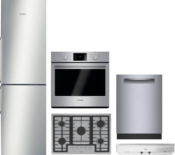 Bosch 500 5 Piece Kitchen Appliances Package with Bottom Freezer Refrigerator and Dishwasher in Stainless Steel BORECTWODWRH1047