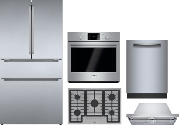 Bosch 800 5 Piece Kitchen Appliances Package with French Door Refrigerator and Dishwasher in Stainless Steel BORECTWODWRH1050