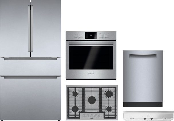 Bosch 800 5 Piece Kitchen Appliances Package with French Door Refrigerator and Dishwasher in Stainless Steel BORECTWODWRH1051