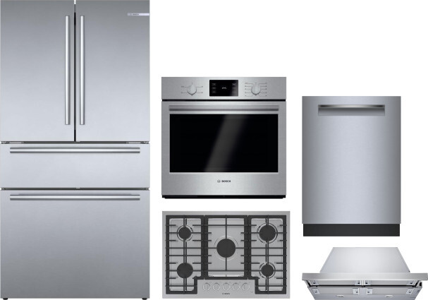 Bosch 800 5 Piece Kitchen Appliances Package with French Door Refrigerator and Dishwasher in Stainless Steel BORECTWODWRH1052
