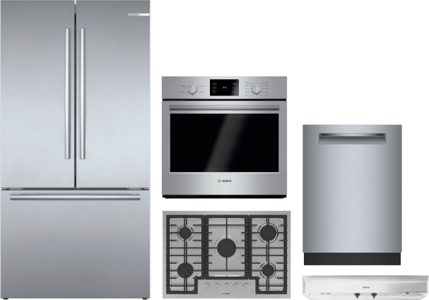 Bosch 800 5 Piece Kitchen Appliances Package with French Door Refrigerator and Dishwasher in Stainless Steel BORECTWODWRH1054