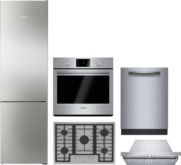 Bosch 800 5 Piece Kitchen Appliances Package with Bottom Freezer Refrigerator and Dishwasher in Stainless Steel BORECTWODWRH1059