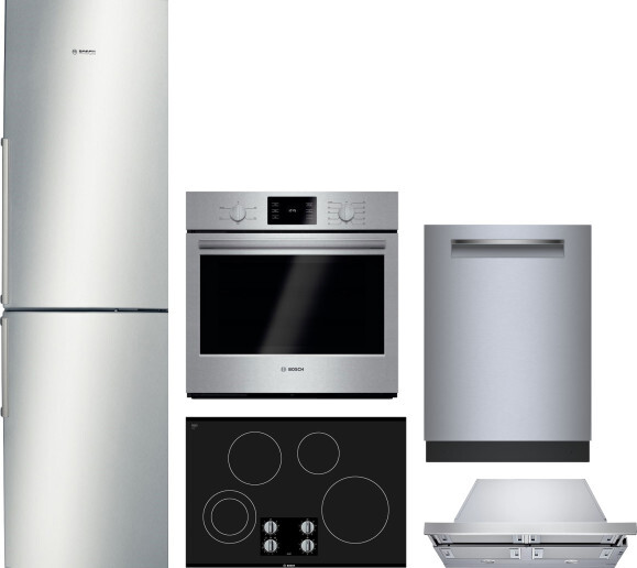 Bosch 500 5 Piece Kitchen Appliances Package with Bottom Freezer Refrigerator and Dishwasher in Stainless Steel BORECTWODWRH1063