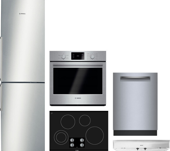 Bosch 500 5 Piece Kitchen Appliances Package with Bottom Freezer Refrigerator and Dishwasher in Stainless Steel BORECTWODWRH1064