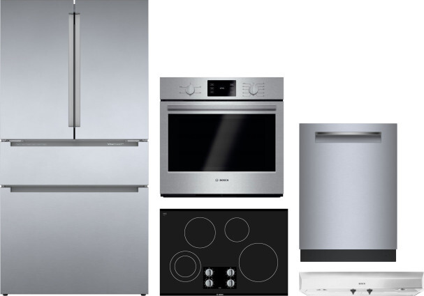 Bosch 800 5 Piece Kitchen Appliances Package with French Door Refrigerator and Dishwasher in Stainless Steel BORECTWODWRH1068