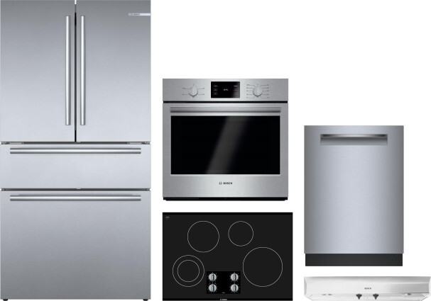 Bosch 800 5 Piece Kitchen Appliances Package with French Door Refrigerator and Dishwasher in Stainless Steel BORECTWODWRH1070
