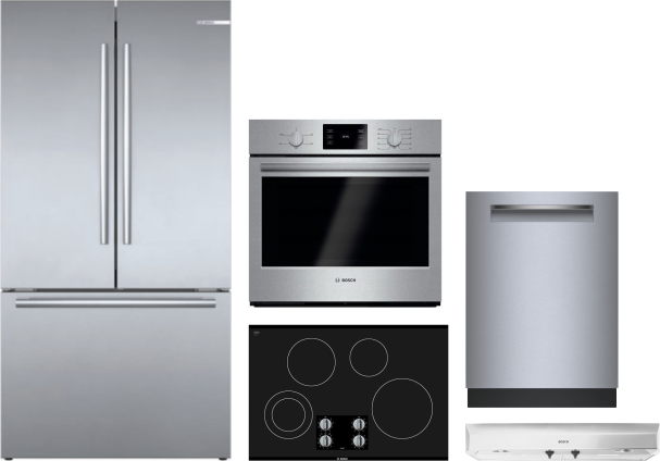 Bosch 800 5 Piece Kitchen Appliances Package with French Door Refrigerator and Dishwasher in Stainless Steel BORECTWODWRH1072