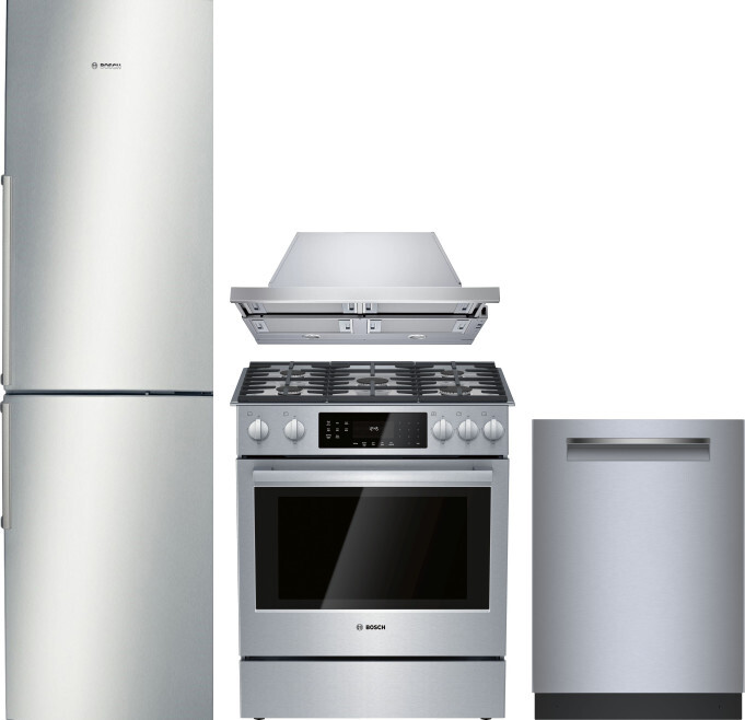 Bosch 500 4 Piece Kitchen Appliances Package with Bottom Freezer Refrigerator, Gas Range and Dishwasher in Stainless Steel BORERADWRH807
