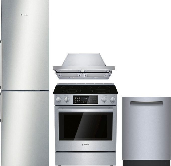 Bosch 500 4 Piece Kitchen Appliances Package with Bottom Freezer Refrigerator, Electric Range and Dishwasher in Stainless Steel BORERADWRH808