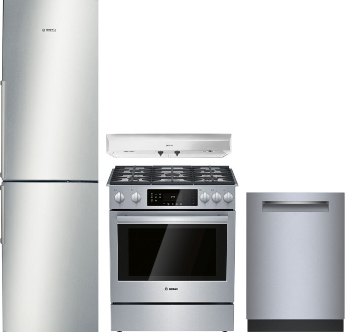 Bosch 500 4 Piece Kitchen Appliances Package with Bottom Freezer Refrigerator, Gas Range and Dishwasher in Stainless Steel BORERADWRH809