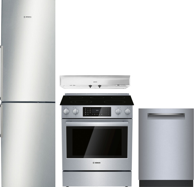 Bosch 500 4 Piece Kitchen Appliances Package with Bottom Freezer Refrigerator, Electric Range and Dishwasher in Stainless Steel BORERADWRH810