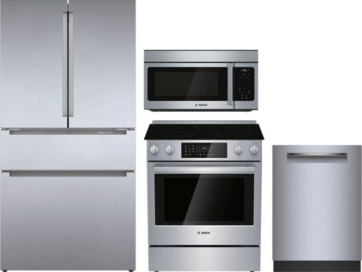 Bosch 800 4 Piece Kitchen Appliances Package with French Door Refrigerator, Electric Range, Dishwasher and Over the Range Microwave in Stainless Steel